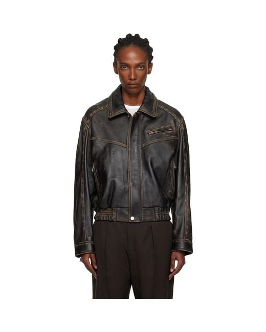 Nour Hammour Black Clint Cropped Leather Bomber Jacket