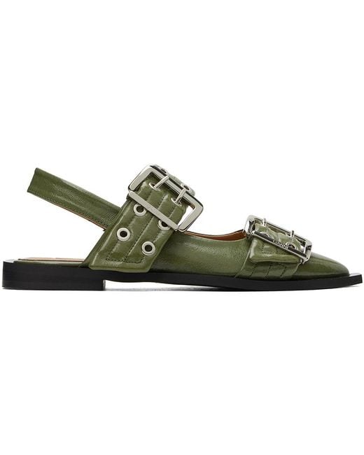 Ganni Green Naplack Feminine Buckle Ballerina