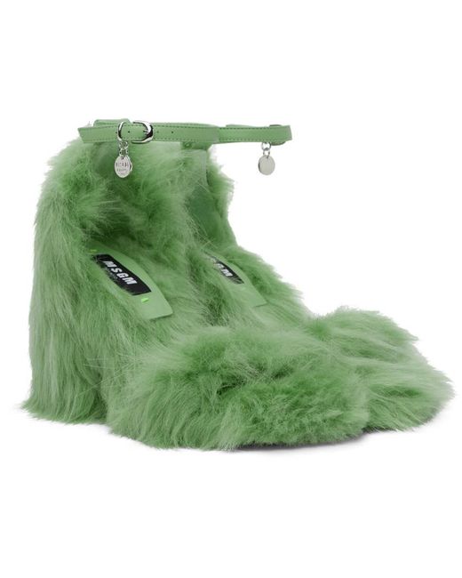 MSGM Green Faux-fur Heeled Sandals