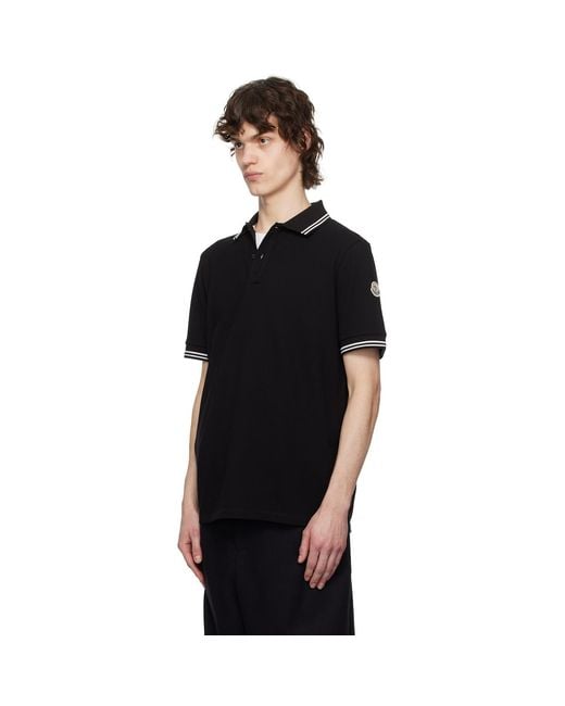 Moncler Black Striped Trim Cotton Piquet Polo for men