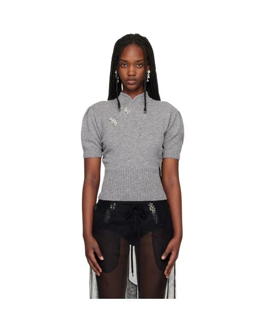 Simone Rocha Black Embellished Mandarin Collar Cashmere Sweater