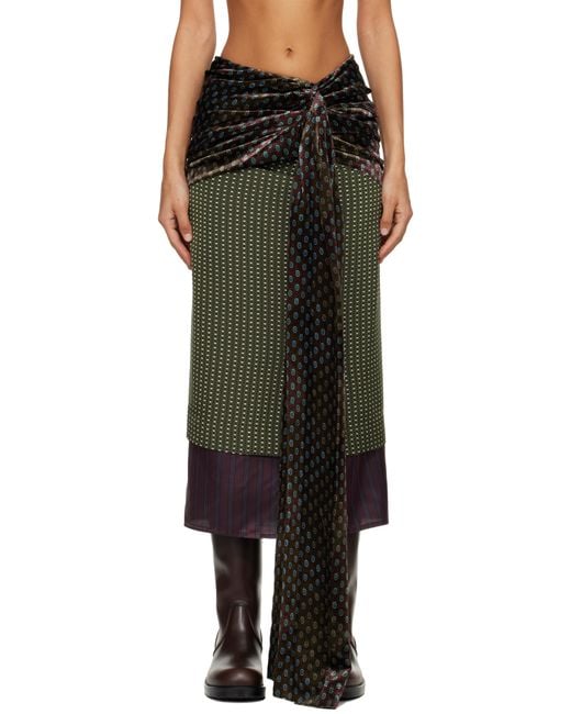 Dries Van Noten Black Khaki Layered Midi Skirt