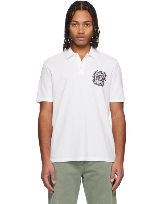 Balmain White Écusson Print Cotton Polo for men