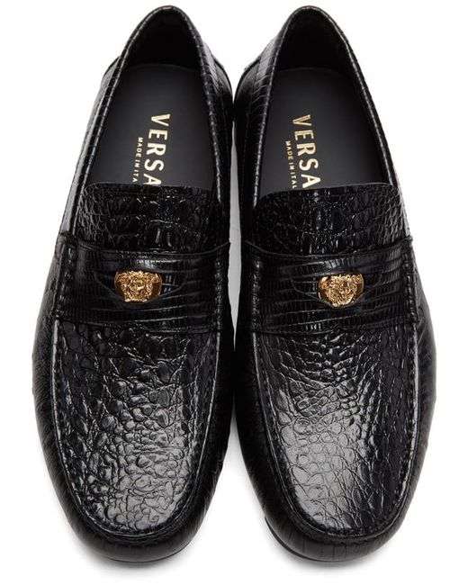 Versace Black Croc Driver Loafers in Black for Men | Lyst