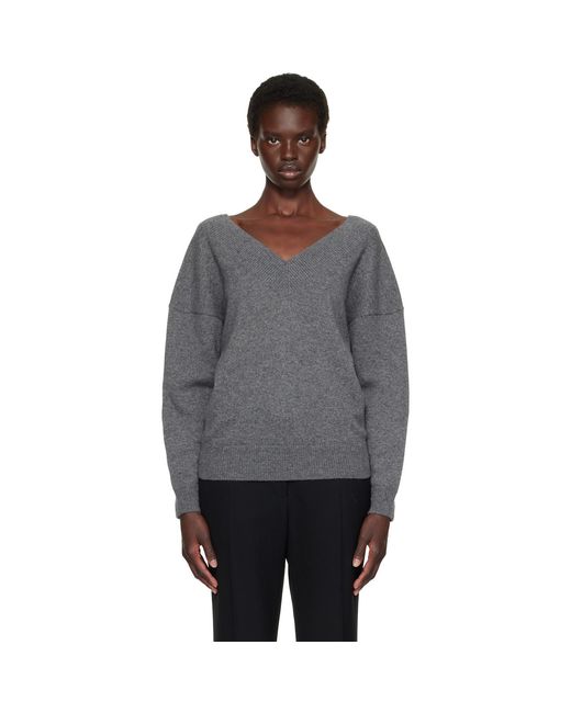 Tom Ford Gray Cashmere Off-The-Shoulder V-Neck Sweater