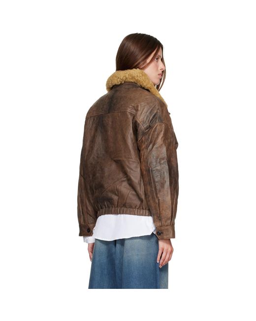 R13 Brown Removable Collar Leather Bomber Jacket