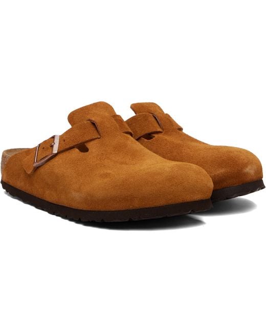 Birkenstock Brown Tan Regular Boston Soft Footbed Suede Leather Loafers for men