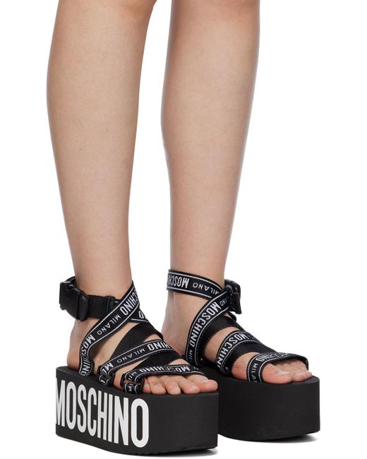 Moschino Black Logo Tape Wedge Platform Flat Sandals