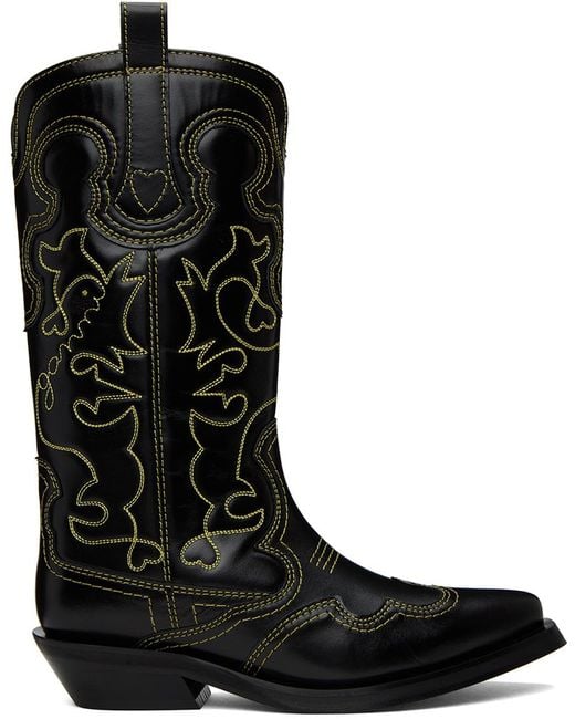 Ganni Black Mid Shaft Embroidered Calf-length Leather Cowboy Boots