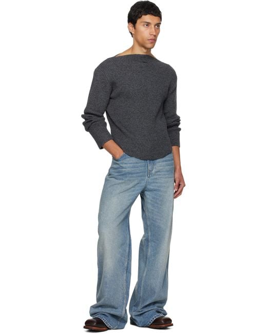 Pull Gris En Tricot Côtelé De Laine À Col Bateau Courreges pour homme en coloris Black