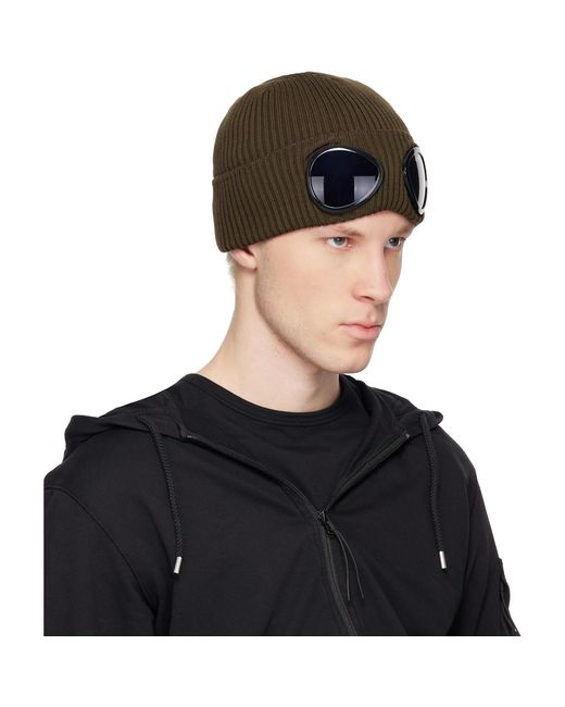 C P Company Black Khaki Cotton Goggle Beanie for men