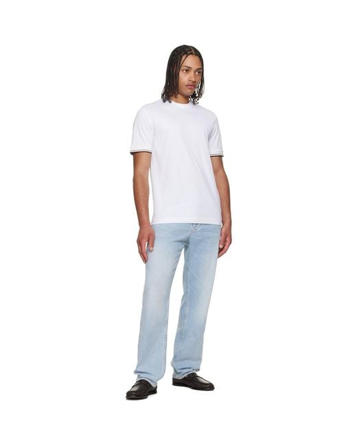 Boss White Cotton-Jersey Signature-Stripe Cuffs T-Shirt for men