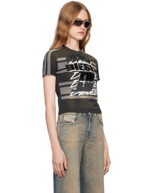 DIESEL Black Cropped Striped Crewneck Cotton T-Shirt