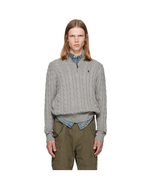 Polo Ralph Lauren Gray Cable-Knit Cotton Quarter-Zip Sweater for men