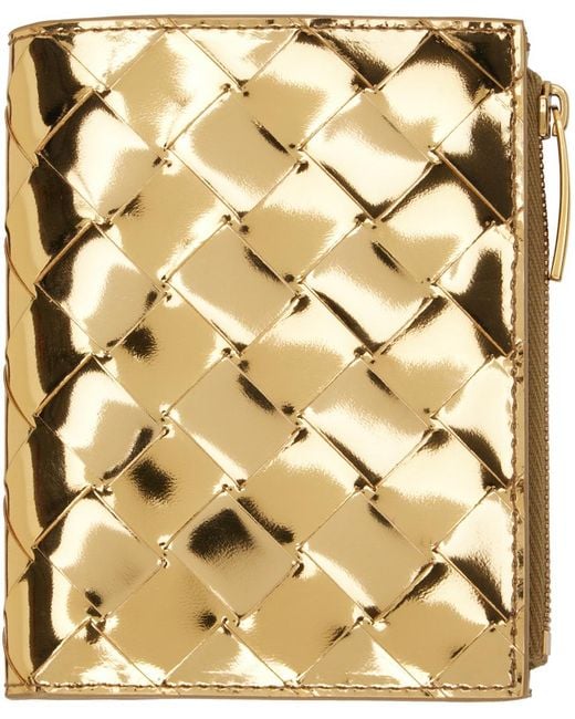 Bottega Veneta Metallic Gold Small Intrecciato Bi-fold Zip Wallet