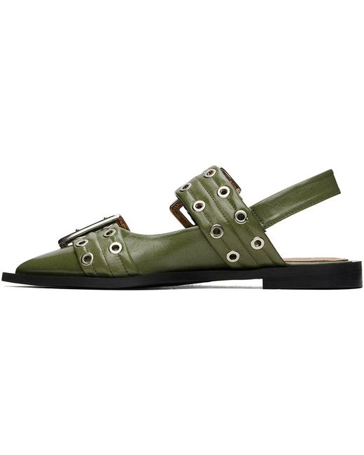 Ganni カーキ Feminine Buckle フラットシューズ Green