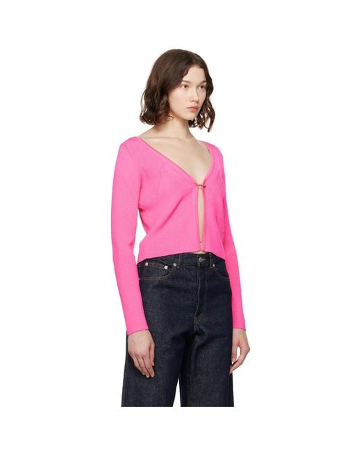 Versace Pink Safety Pin Ribbed Knit Fitted Cardigan