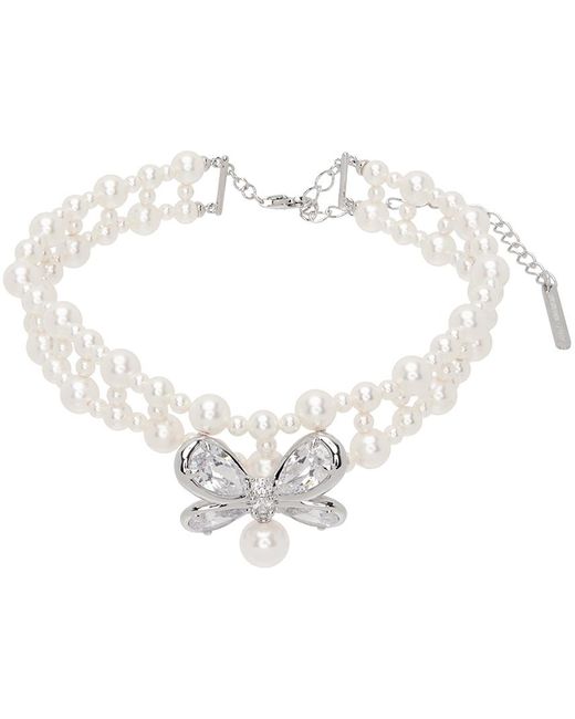 ShuShu/Tong White Zirconia Butterfly Flower Braided Pearl Necklace