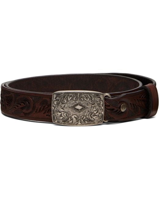 RRL Black Tan Hand-Tooled Leather Belt for men