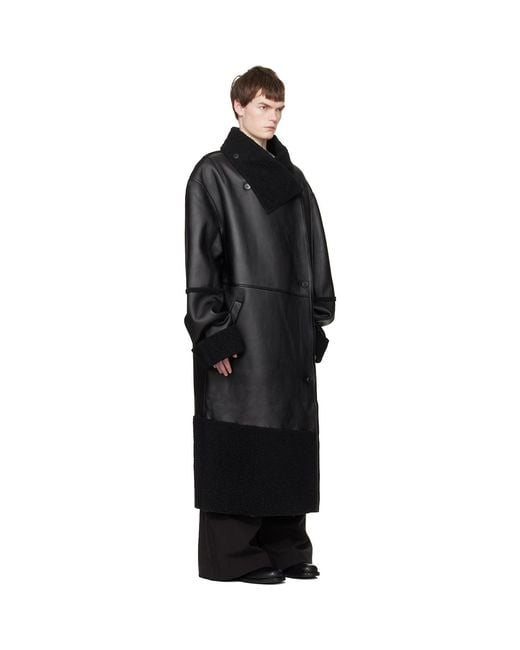 Entire studios Black Long Leather & Faux-Shearling Coat for men