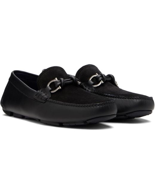 Ferragamo Black Gancini Buckle Driver Loafers for men