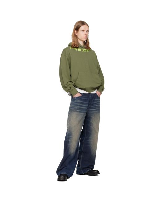 Palm Angels Green Khaki Neck Logo Hoodie for men