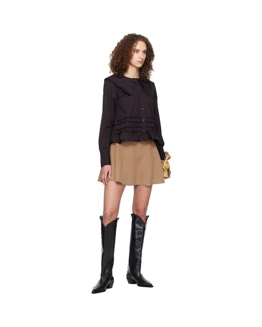 Ganni Black Stretch Cotton Ruffle Shirt