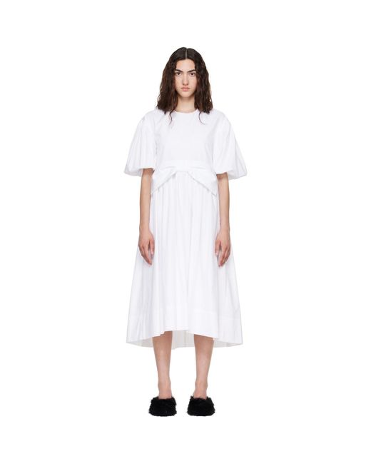 Simone Rocha White Puff Sleeve Gathered Bow Smock Midi Dress