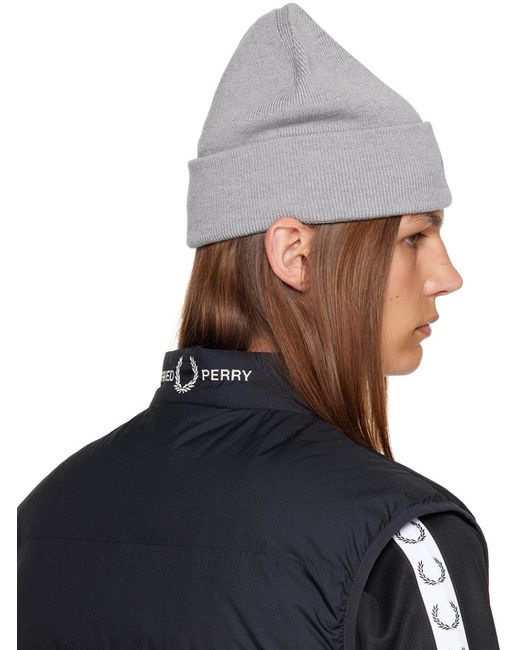 Fred Perry Blue Gray Embroidered Beanie for men