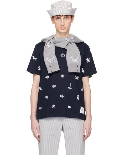 Thom Browne Blue Navy Embroidered T-shirt for men