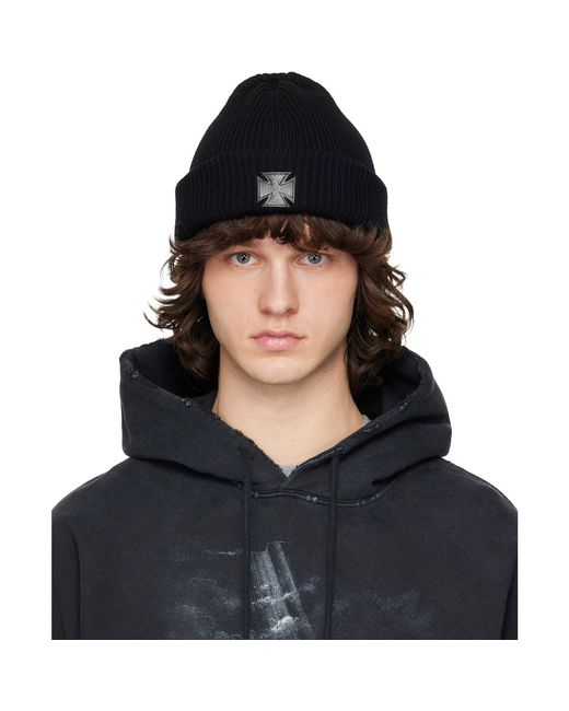Vetements Black Leather Biker Cross Label Beanie for men