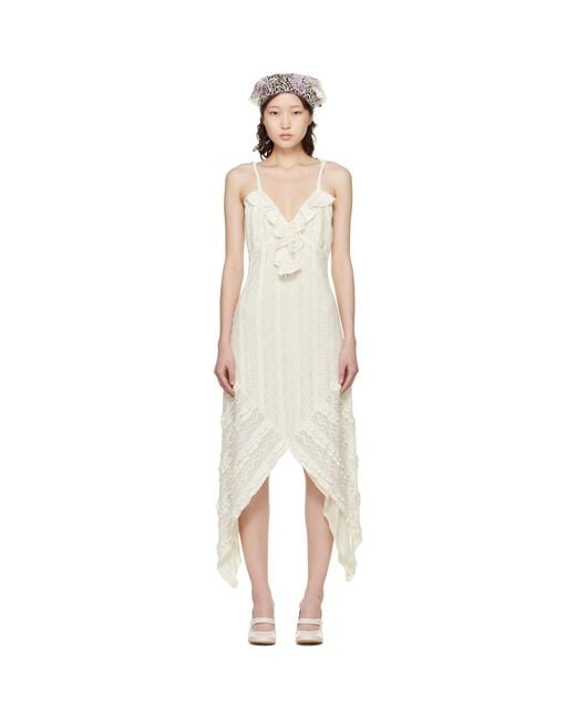 Anna Sui Black Off- Floral Ruffle Stretch Lace Handkerchief Midi Dress