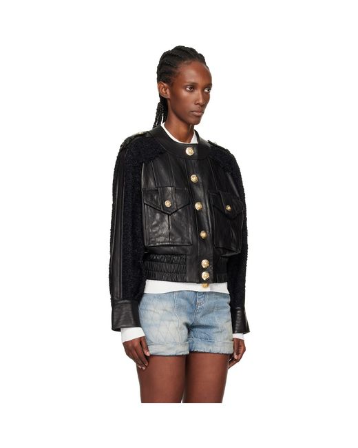 Balmain Black Tweed & Leather Bomber Jacket