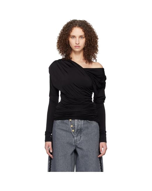 Ganni Black Shiny Jersey Ruched Top