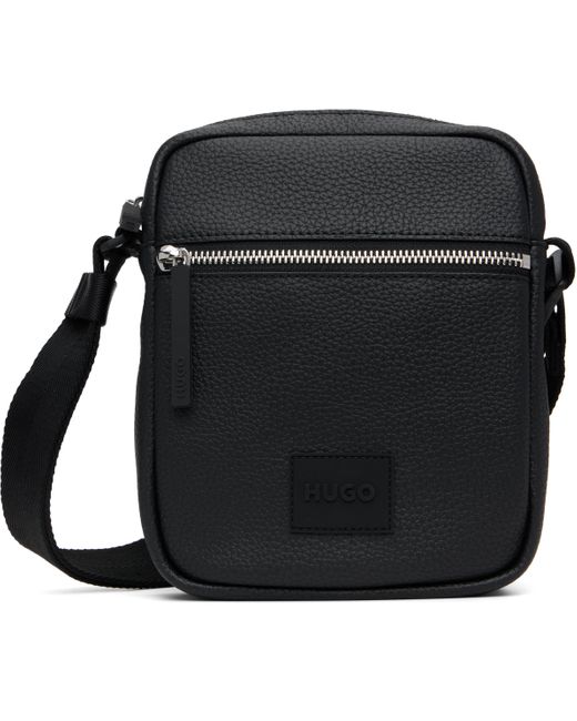 HUGO Black Rubber Logo Patch Faux-leather Reporter Bag for men