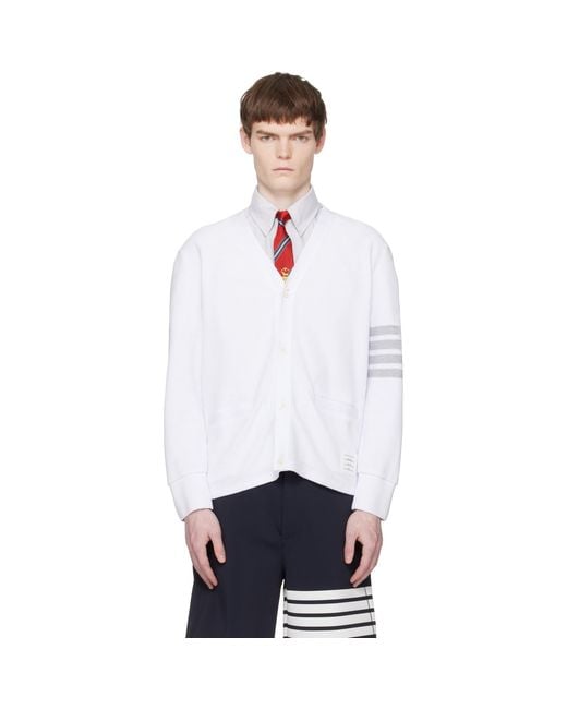 Thom Browne White Textured Pique-Bar Cardigan for men