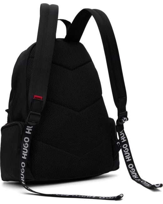 メンズ HUGO ブラック マルチポケット コントラスト ロゴ バックパック Black