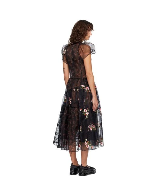 Simone Rocha Black Sheer Puff Sleeve Patchwork Flounce Midi Dress