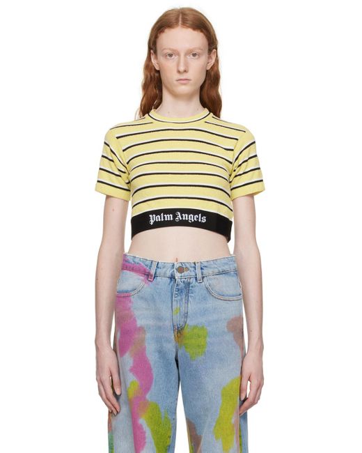 Palm Angels Yellow Stripes Knit Logo Crop T-shirt