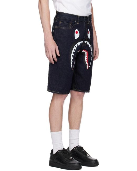 A Bathing Ape Black Navy Shark Denim Shorts for men