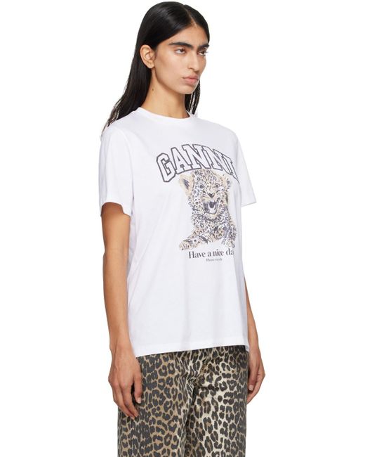 Ganni White Organic Cotton Leopard Graphic T-Shirt