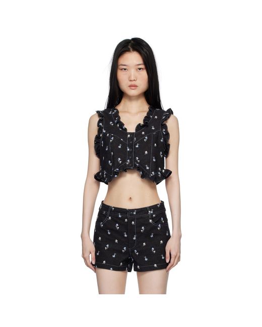 Anna Sui Black Embroidered Roses Cropped Denim Vest