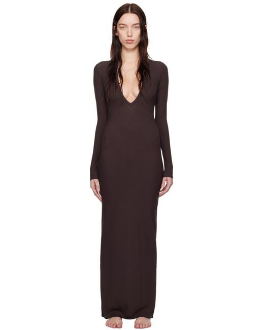 Skims Black Burgundy Soft Lounge Deep Plunge Maxi Dress