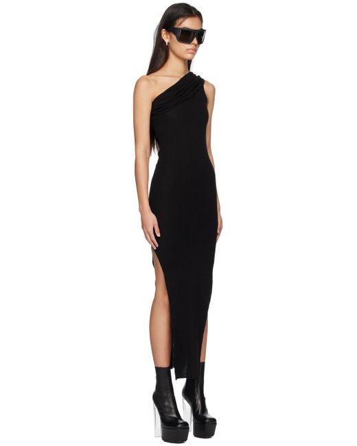 Rick Owens Black Ribbed One Shoulder Midi Dress