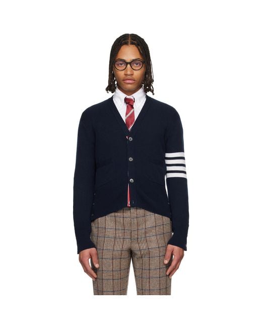 Thom Browne Blue Classic Cashmere 4-Bar V-Neck Cardigan for men