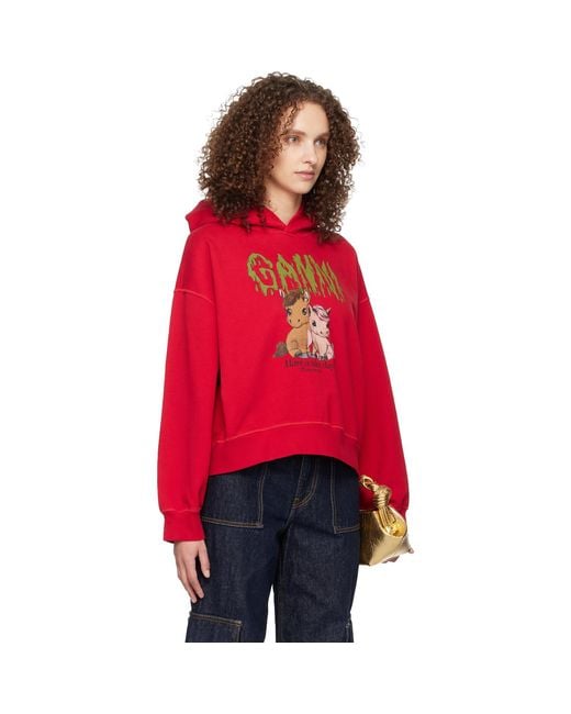 Ganni Red Graphic Cropped Hoodie