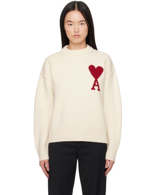 Pull Blanc Cassé En Laine À Logo Ami De Cœur AMI en coloris Black