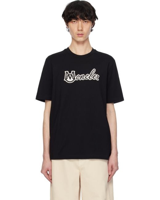 メンズ Moncler ブラック Varsity ロゴ刺繍 コットン Tシャツ Black