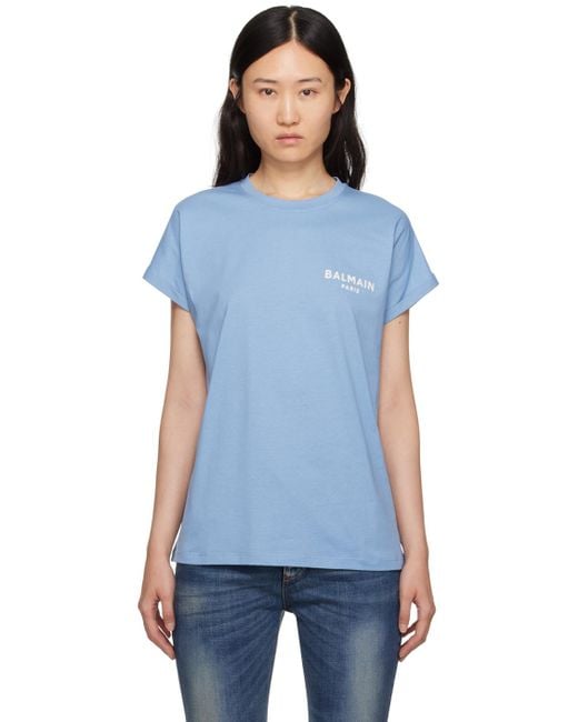 Balmain ブルー フロックロゴ Tシャツ Blue