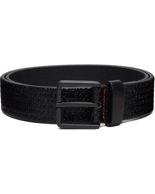 HUGO Black Leather Embossed Logos Belt for men